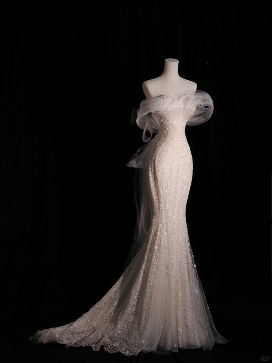 Gorgeous White Off Shoulder Mermaid Long Wedding Dress Evening Party Dress, DP5406