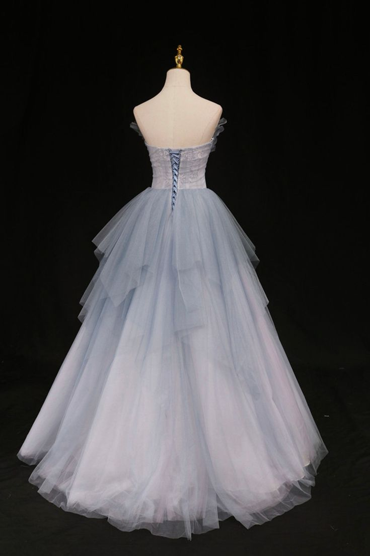 Light Blue Sweetheart A-Line Beading Tulle Long Prom Dress Birthday Outfit, DP3358