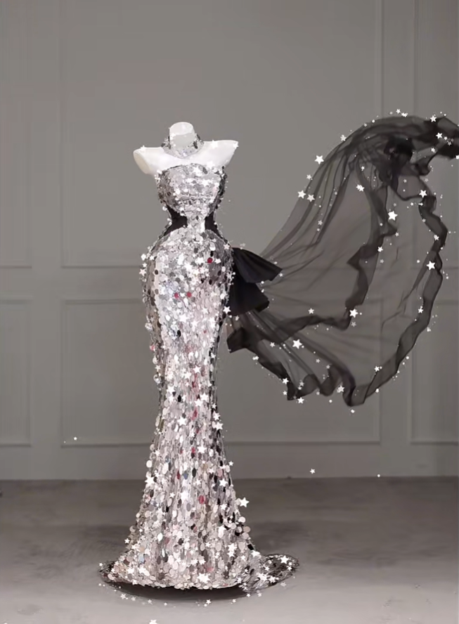 Silbernes trägerloses Meerjungfrau-Pailletten-Abendkleid, langes Geburtstags-Outfit, DP5199