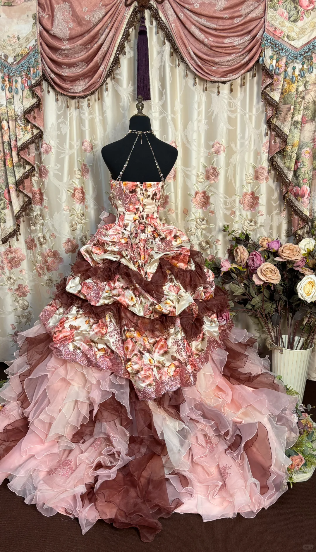 Retro Strapless A-Line Printed Floral Quinceanera Dress Birthday Ball Gown, DP5133