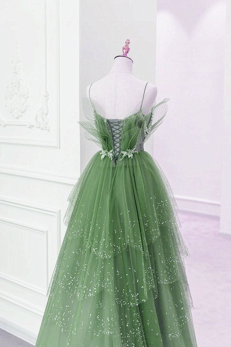 Green A-Line Spaghetti Straps Long Prom Dress Evening Gown, DP2932