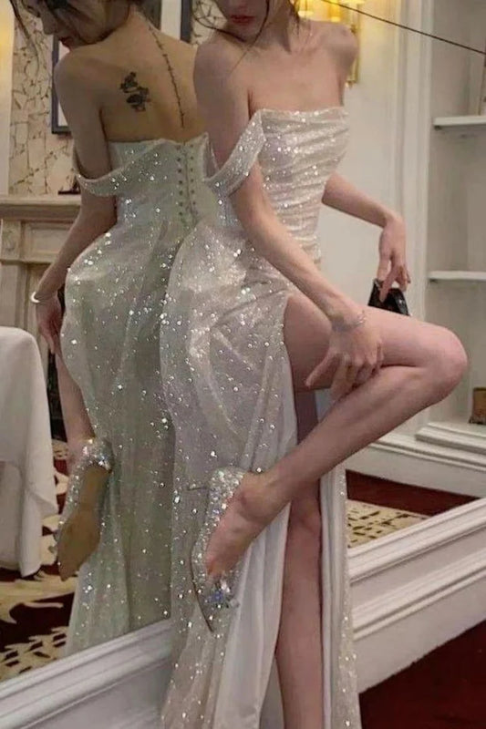 Robe de bal longue vintage brillante à épaules dénudées et fente haute, DP6566