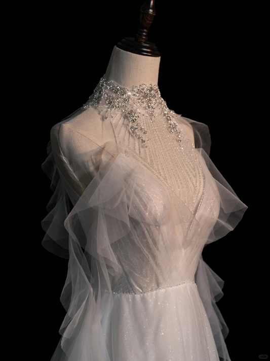 Elegantes weißes Neckholder A-Linie Perlenbesetztes Tüll Langes Brautkleid, DP5211