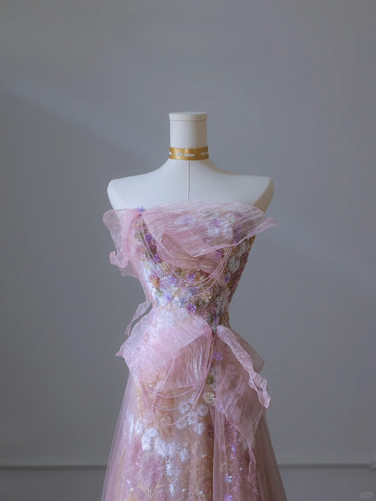 Pink Strapless A-Line Tulle Long Formal Prom Dresses Birthday Outfits, DP5136