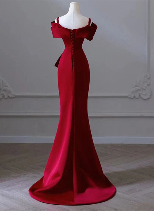 Robe de soirée longue rouge style sirène à bretelles dénudées, DP3608