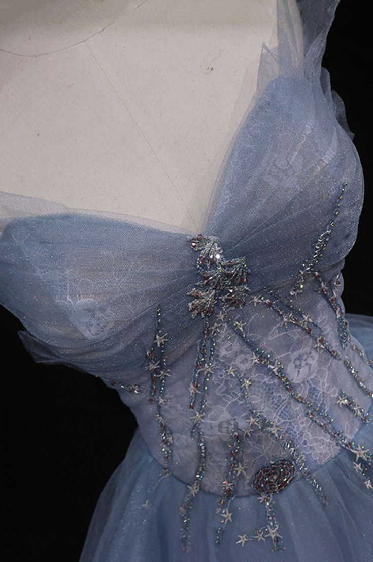 Light Blue Sweetheart A-Line Beading Tulle Long Prom Dress Birthday Outfit, DP3358