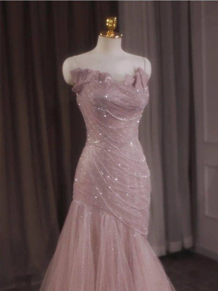 Rosa Träger Tüll Meerjungfrau Wunderschönes langes Partykleid Abendkleid, DP3165