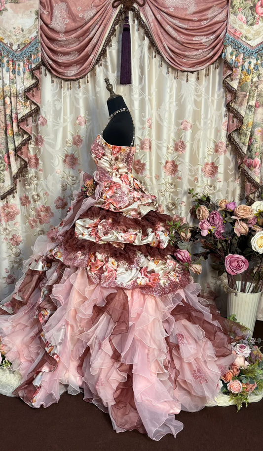 Retro Strapless A-Line Printed Floral Quinceanera Dress Birthday Ball Gown, DP5133