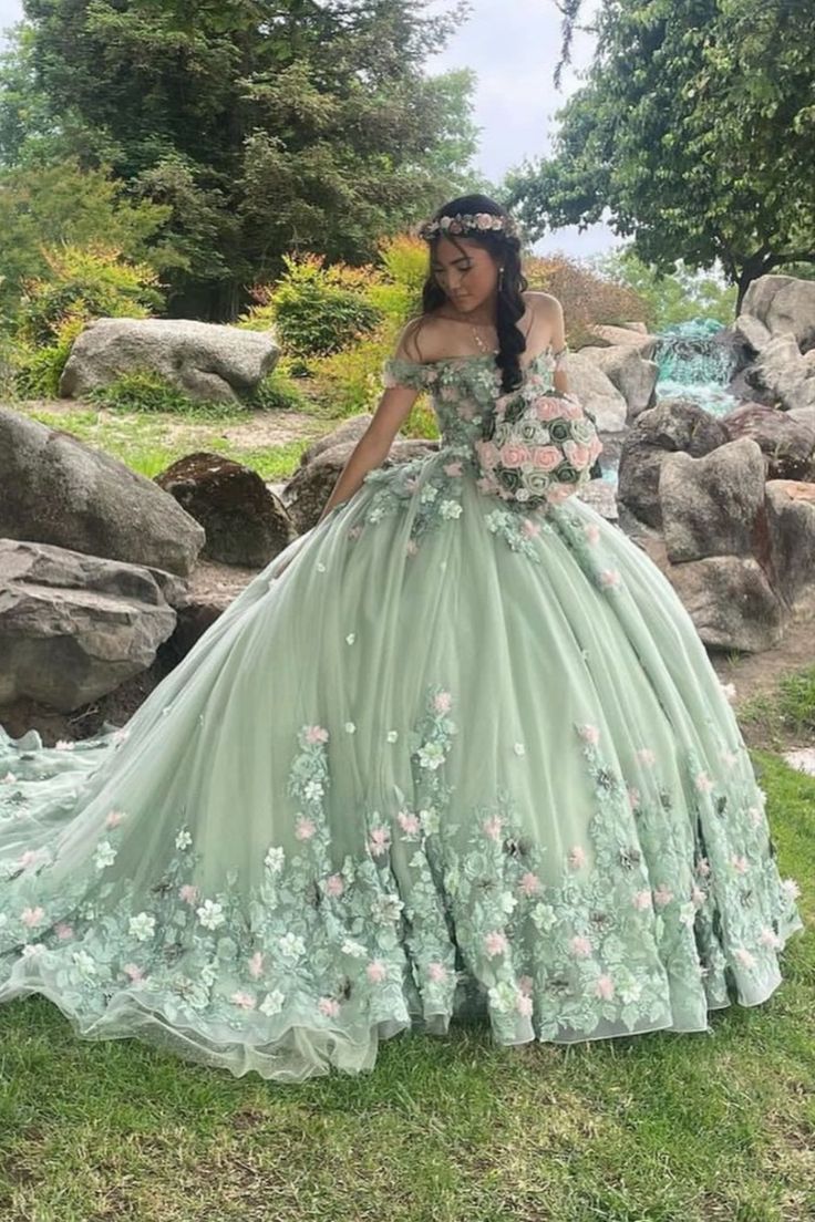 Elegantes, schulterfreies A-Linien-Ballkleid mit Applikationen in Salbeigrün für Sweet 16 Quinceanera, bodenlang, Geburtstagskleid, Abendkleid, Ballkleid DP6513