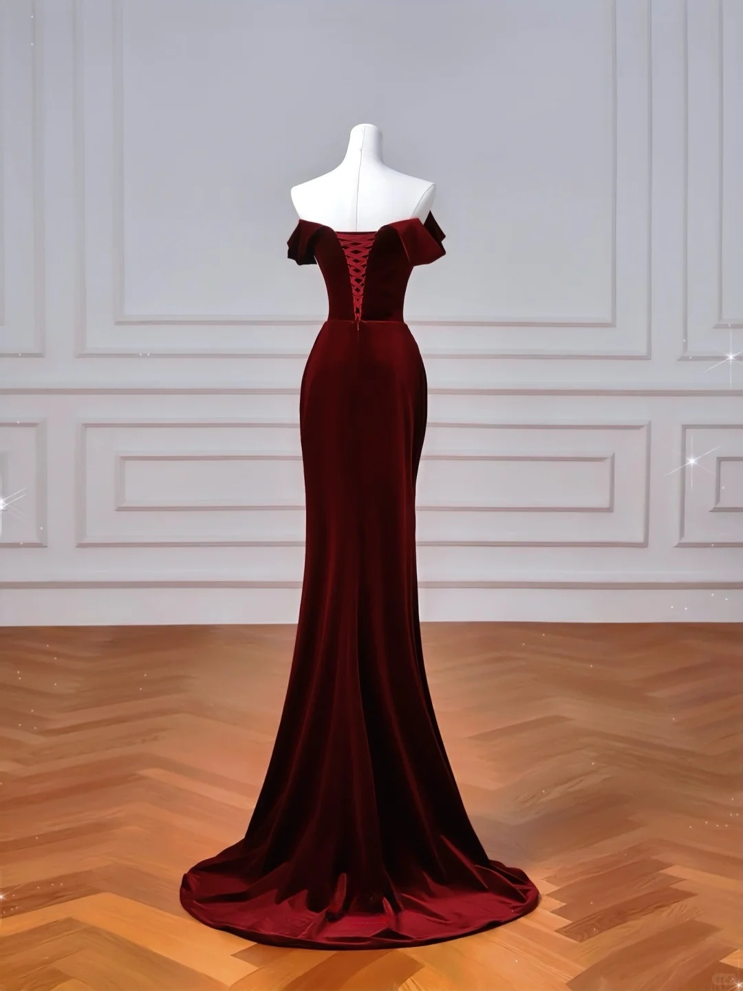 Elegant Off Shoulder Burgundy Mermaid Long Party Dress Birthday Outfits, DP5169