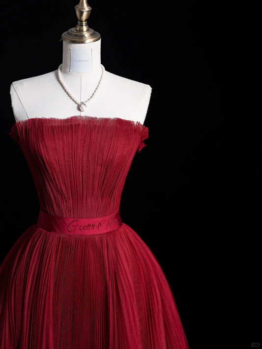 Wine Red Strapless A-Line Tulle Long Evening Party Dress Birthday Outfits, DP5113