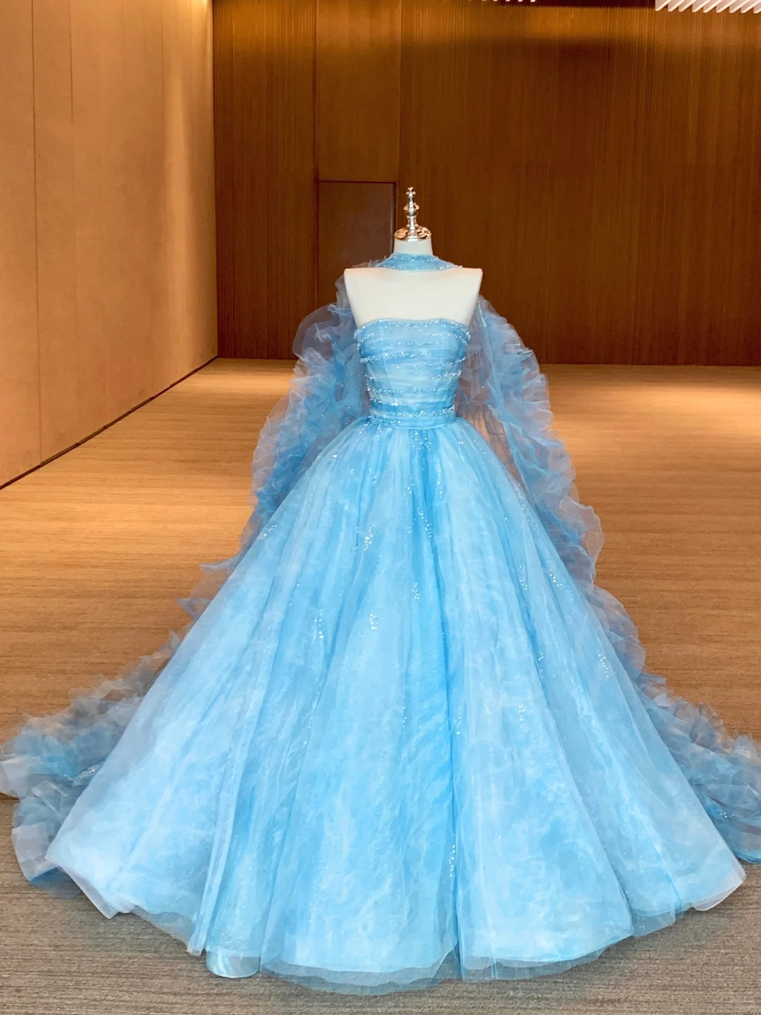 Blue Strapless A-Line Tulle Beading Long Evening Dress Birthday Ball Gown, DP5235
