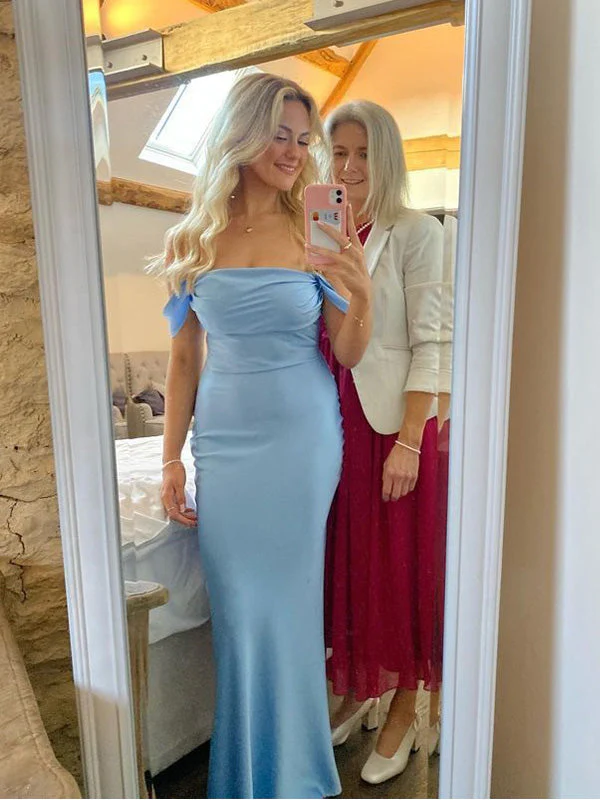 Blaues schulterfreies langes Partykleid für Hochzeitsgäste, DP2776