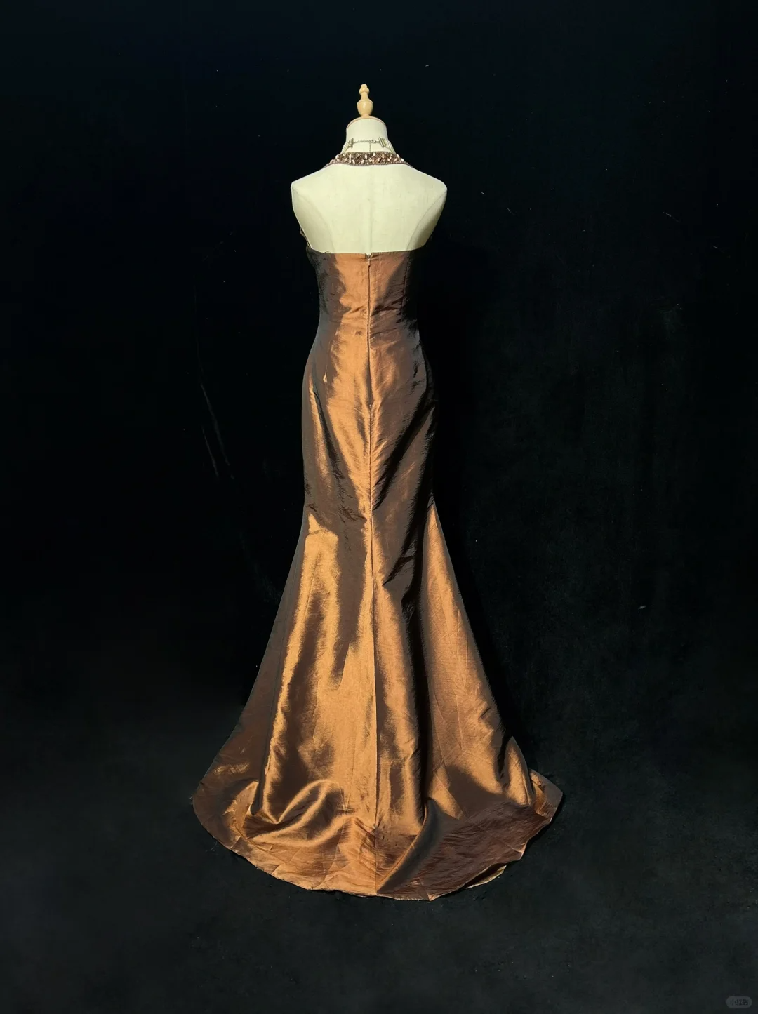 Brown Halter Neck Mermaid Beaded Satin Long Formal Prom Dress Evening Dress, DP5323