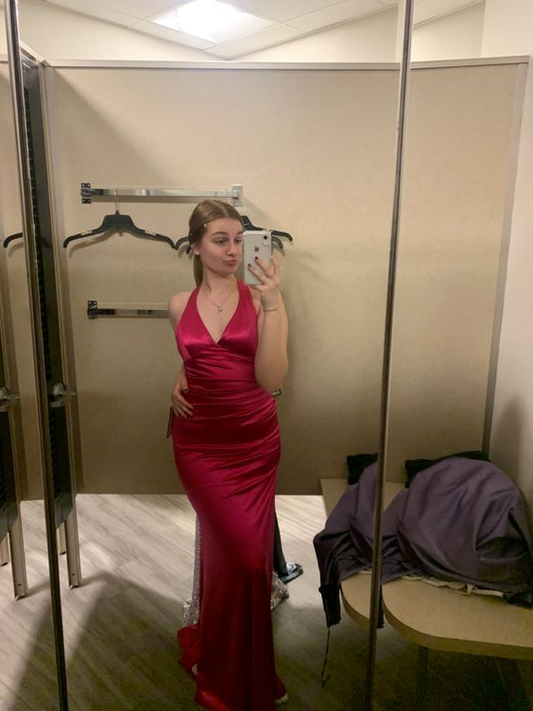 Robe de soirée longue en satin rouge vin, décolleté en V, style sirène, DP3522