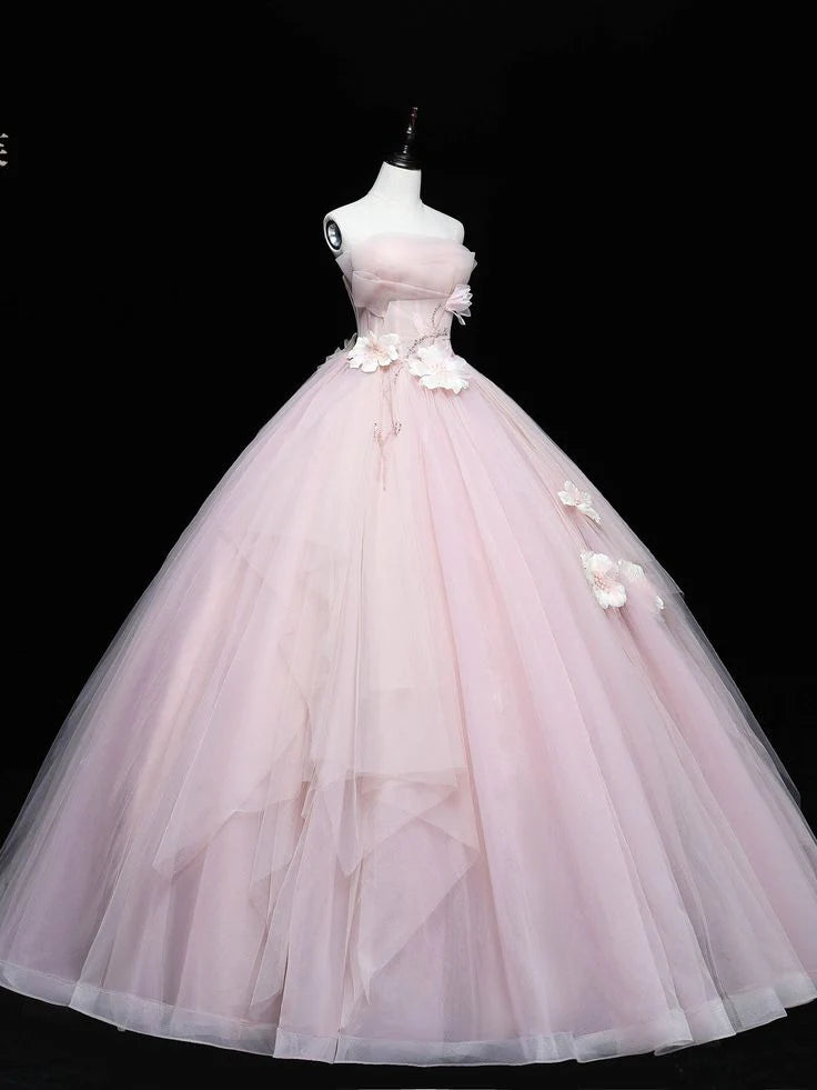Simple Pink Applique Strapless Sweet 16 Quinceanera A-Line Tulle Floor-length Prom Dress Birthday Dress Evening Dress Ball Gown DP6458