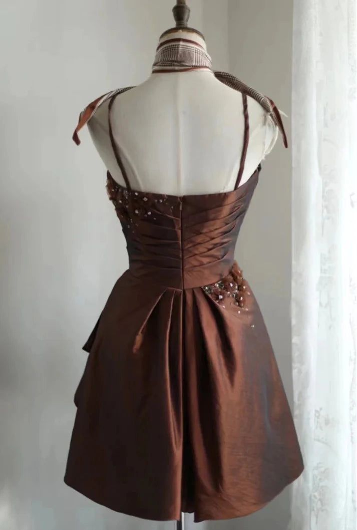 Vintage Brown Beading Design A-line Spaghetti Strap Party Dresses Homecoming Dresses DP6105