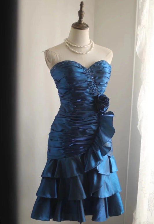 Retro Blue Beading Design A-line Satin Strapless Sweetheart Tiered Party Dresses Homecoming Dresses, DP5811