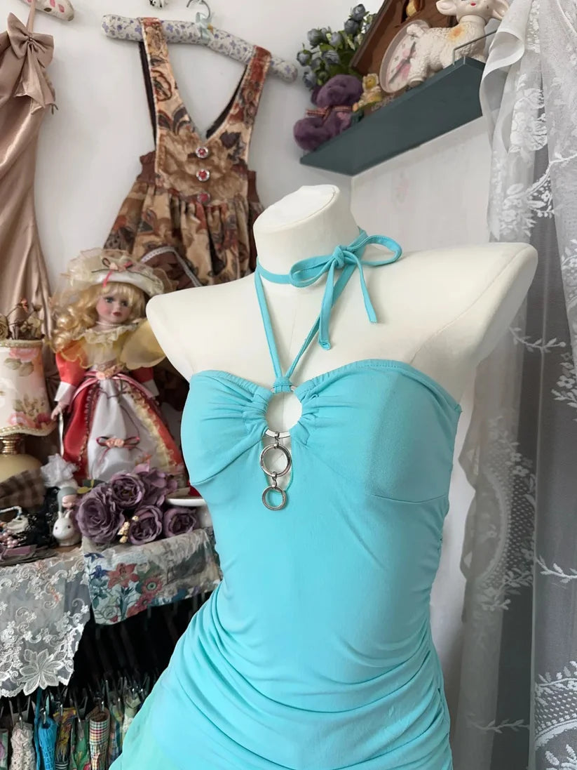 Robe de soirée trapèze en mousseline de soie bleu rétro à volants et décolleté en cœur DP6089