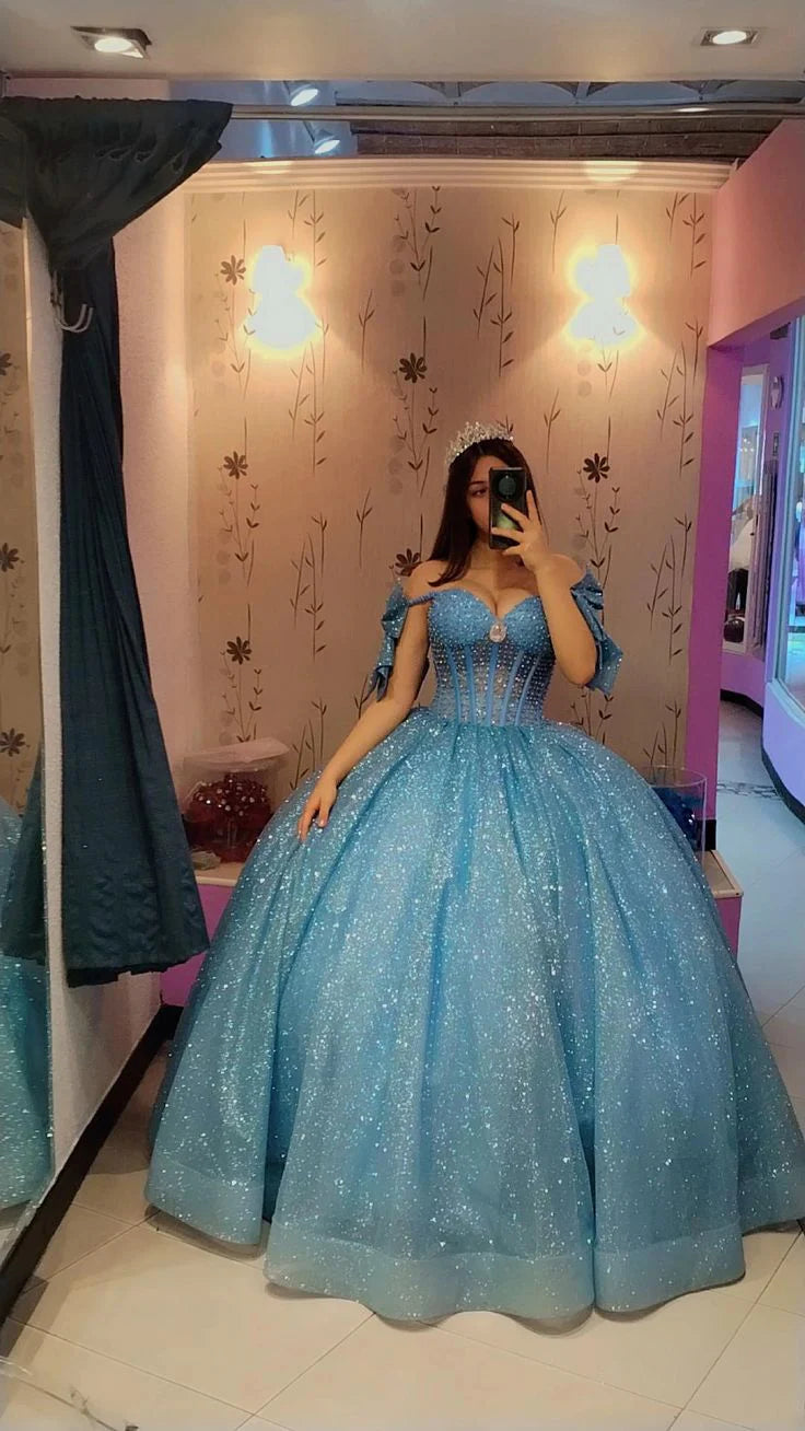 Elegantes blaues Herzausschnitt-Schulterfreies Sweet 16 Quinceanera A-Linie Bodenlanges Ballkleid Geburtstagskleid Abendkleid Ballkleid DP6514