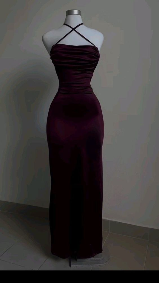 Robe de soirée longue en satin bordeaux à bretelles et dos nu, DP3799