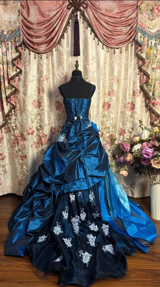 Vintage Royal Blue Applique Spaghetti Strap Prom Dress A-Line Satin Evening Gown DP7133