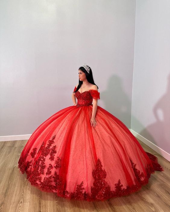 Wunderschönes rotes, perlenbesetztes, herzförmiges, schulterfreies A-Linien-Tüll-Ballkleid für die 16. Quinceanera, bodenlanges Ballkleid, Geburtstagskleid, Abendkleid, Ballkleid, DP6466
