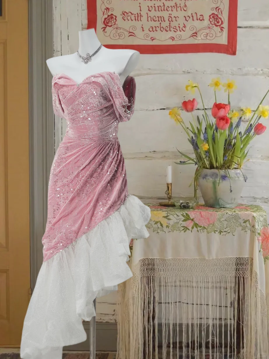 Unique Pink Velvet Sequin Prom Dress Sheath Sweetheart Evening Gown Off-the-shoulder Party Dress Irregular Tulle Hem Formal Dress DP6881