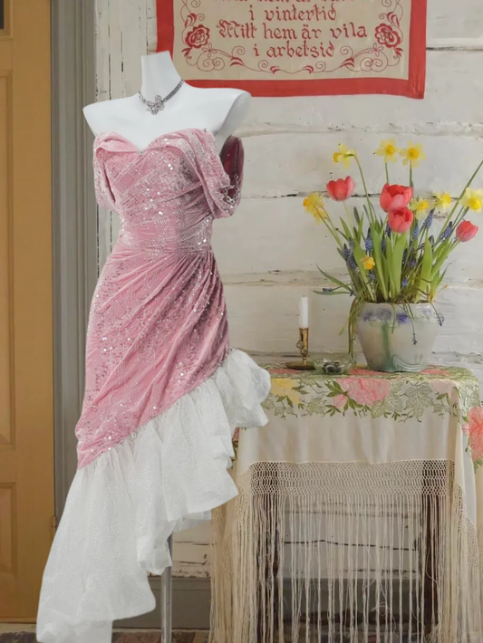 Unique Pink Velvet Sequin Prom Dress Sheath Sweetheart Evening Gown Off-the-shoulder Party Dress Irregular Tulle Hem Formal Dress DP6881