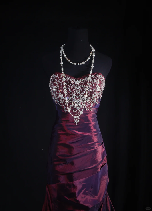 Glamorous Purple Satin Mermaid Strapless Embroidery Beaded Evening Gown DP7383