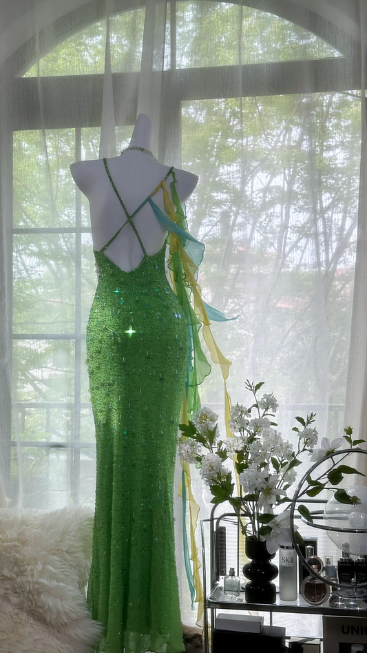 Vintage Shiny Sequin Green Spaghetti Strap Design A-line Romantic Chiffon Evening Dress Prom Dress DP6026