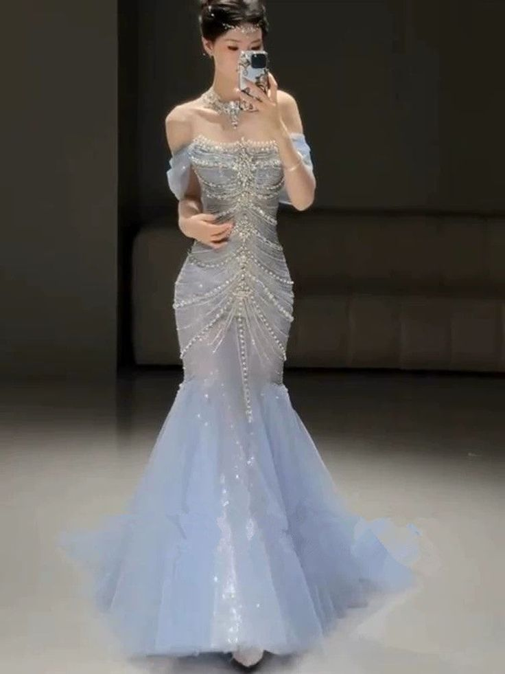 Light Blue Off Shoulder Beading Gorgeous Mermaid Long Prom Dress, DP3077