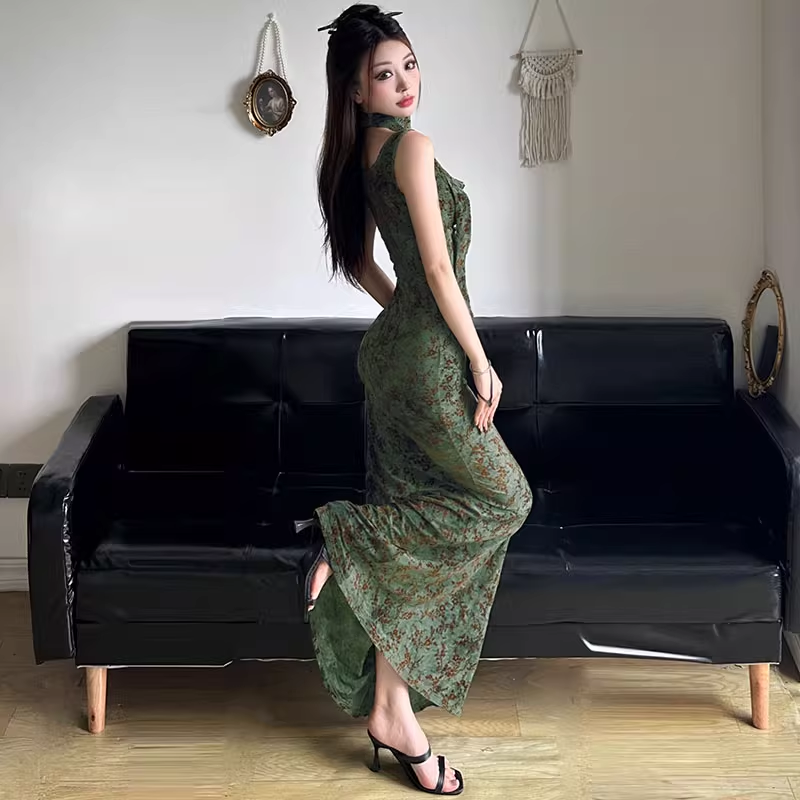 Vintage Green Floral V-neck Mermaid Summer Dresses Prom Dress Evening Dress DP6344