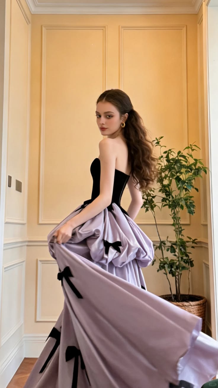 Romantic Lavender & Black Strapless Sweetheart Bow Sweet 15 Quinceanera Ball Gown DP8011