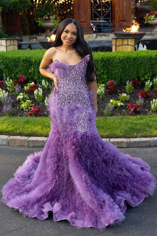 Glamorous Orchid Purple One Shoulder Mermaid Beaded Bodice & Ruffle Prom Dress DP8020
