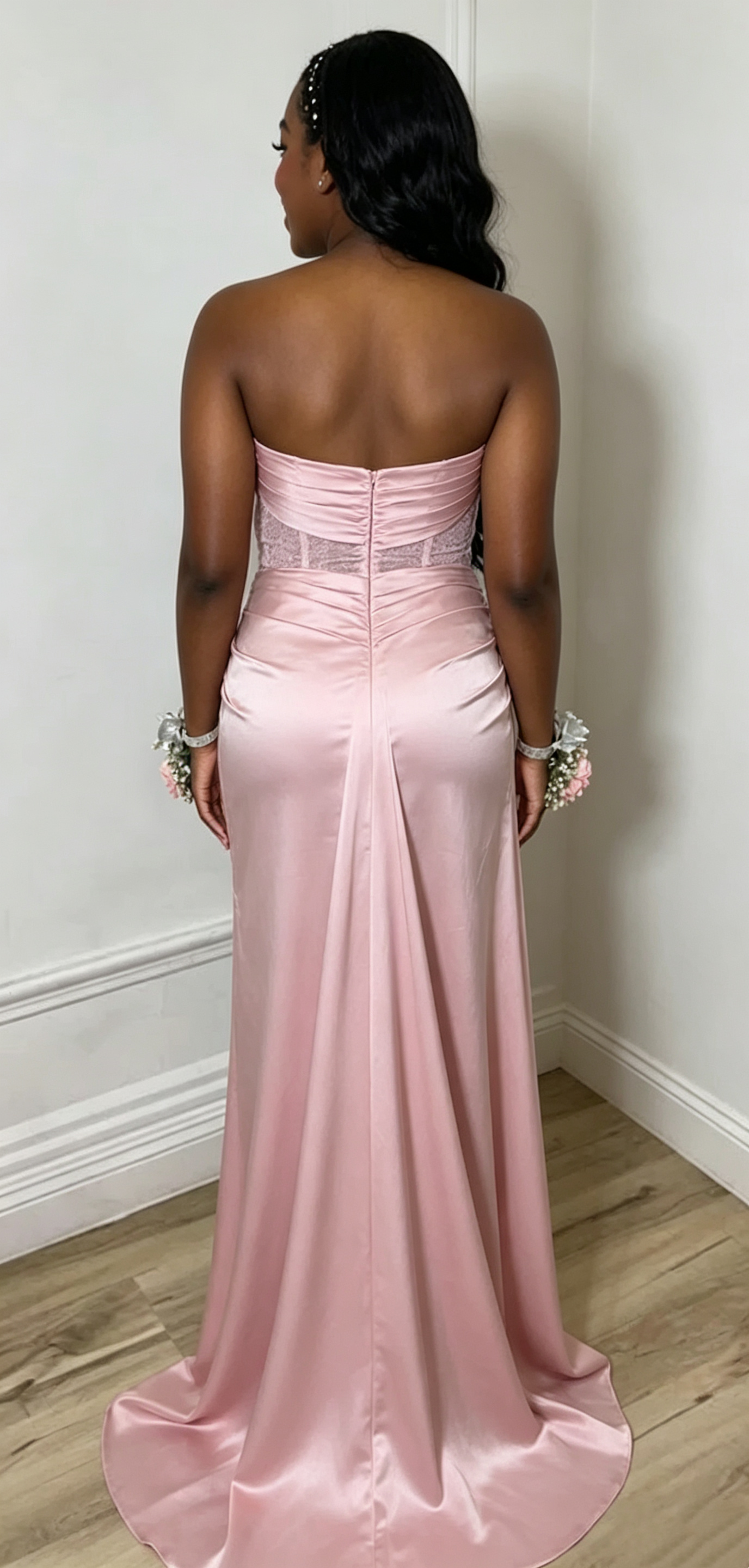 Elegant Pink Strapless Ruched Satin Corset High Slit Sheath Evening Dress DP8660