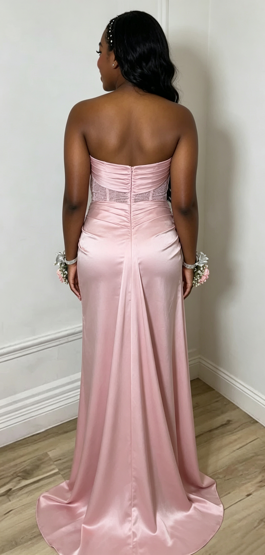Robe de soirée élégante DP8660 en satin rose bustier froncé corset fourreau avec fente haute