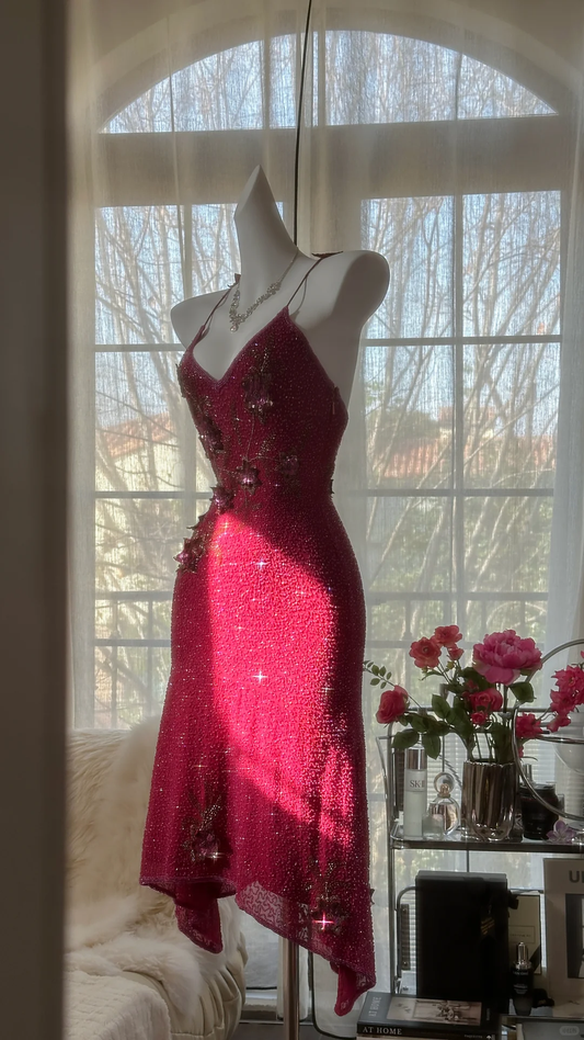 Robe de soirée romantique en mousseline de soie, style trapèze, dos nu, paillettes brillantes, rose rouge, DP6025