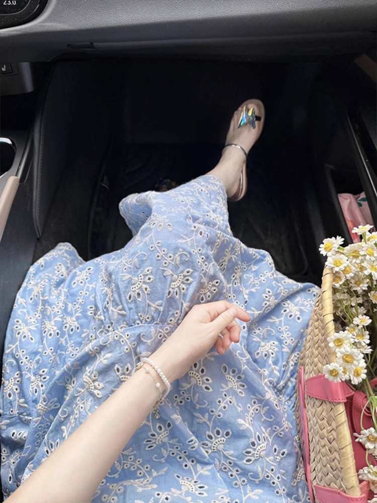 Vintage Light Blue Floral Prom Dress A-Line Short-sleeve Evening Dress Long Summer Dress DP6709