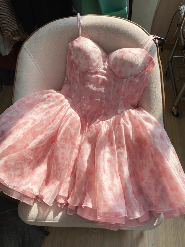 Fashion Pink Sweetheart Floral Spaghetti Strap Design A-line Chiffon Party Dress Homecoming Dress, DP5841