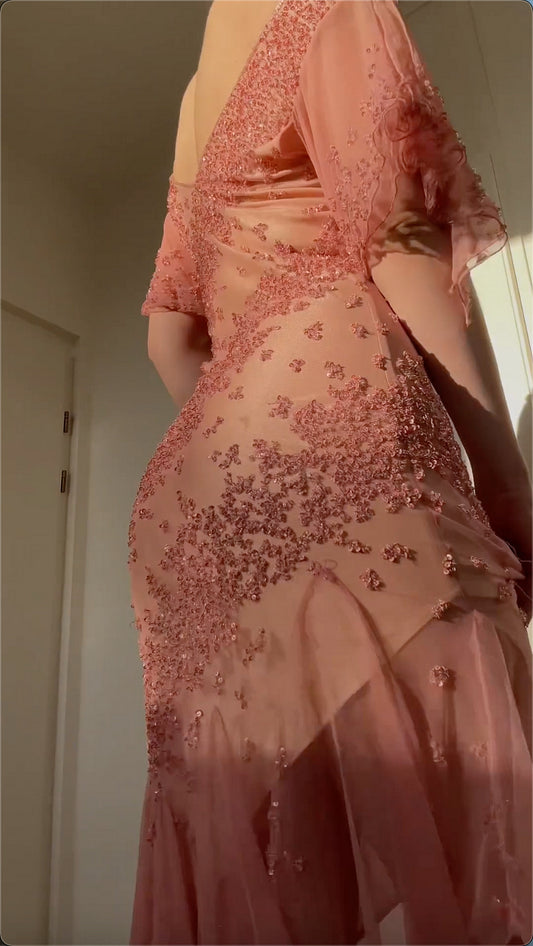 Vintage Pink Chiffon Sequin Prom Dress Sheath Off-the-shoulder Evening Dress Long Formal Dress DP6667