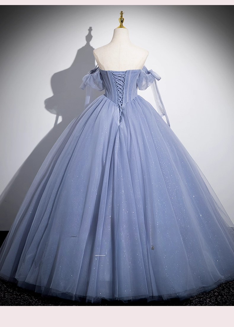 Vintage Dusty Blue Tulle Sweet 16 Quinceanera Beaded Evening Dress A-Line Floor Length Ball Gown DP6915