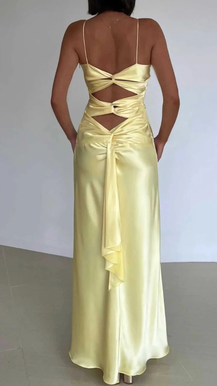 Vintage Gelb V-Ausschnitt Meerjungfrau Satin Spaghettiträger Partykleid Abendkleid Brautjungfernkleid DP6304