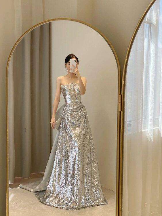 Sliver Sequined Strapless A-Line Long Party Dress Birthday Dress, DP2943