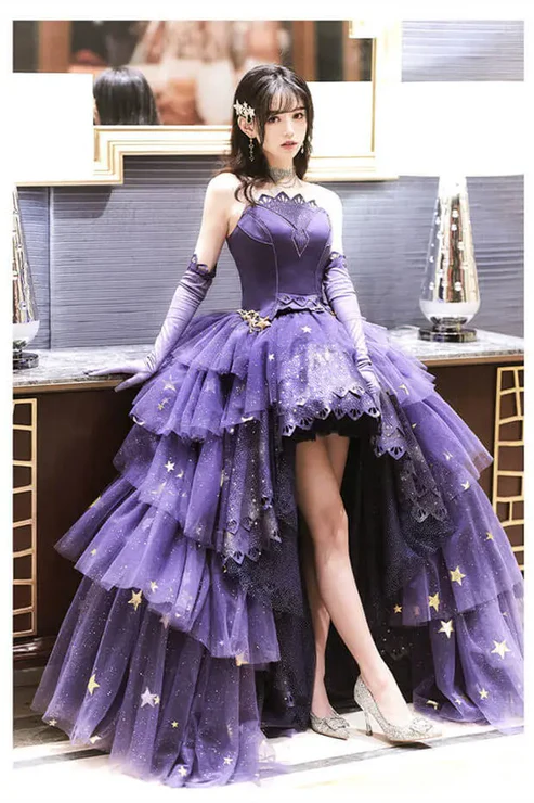 Stunning Purple Star Tulle Lace Evening Ball Gown Birthday Outfits, DP3425