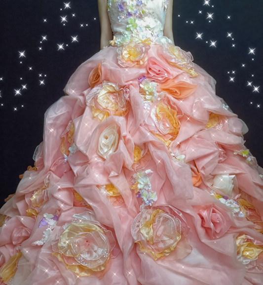Glamouröses, pastellfarbenes Regenbogen-3D-Blumen-Trägerkleid in Rosa mit Rüschen für Prinzessinnen-Sweet-16-Quinceañera-Partys DP7548