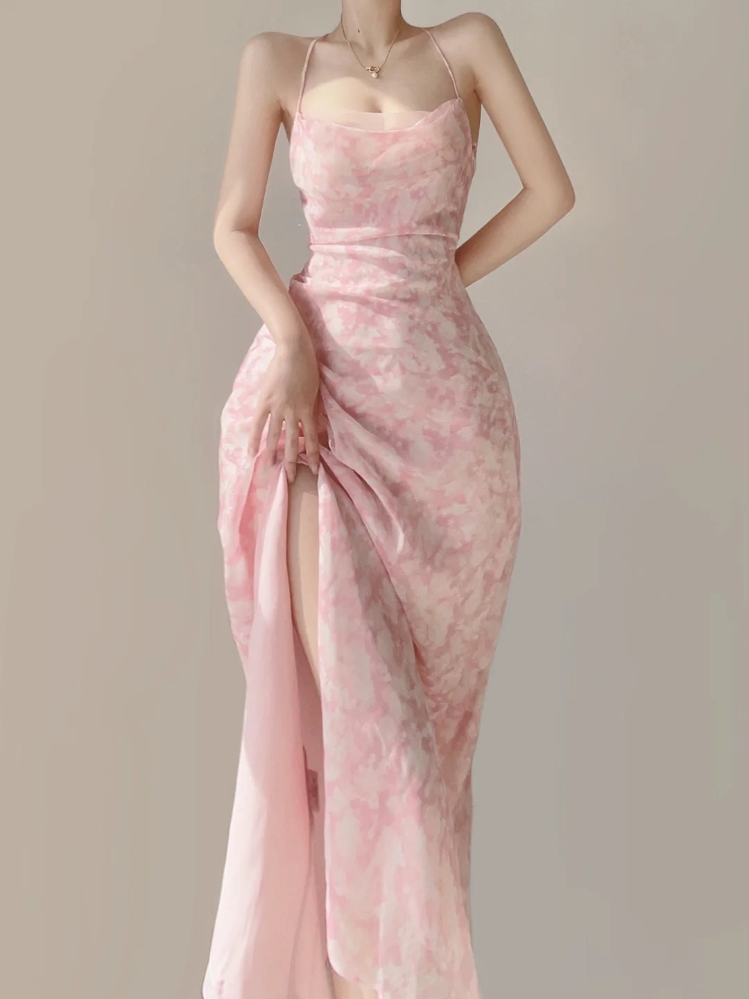 Elegant Pink Straps A-Line Chiffon Long Party Dress Wedding Guest Dress, DP5392