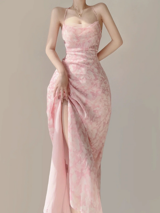 Elegant Pink Straps A-Line Chiffon Long Party Dress Wedding Guest Dress, DP5392