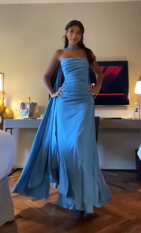 Elegant Strapless A-Line Blue Simple Long Party Dress, DP2449