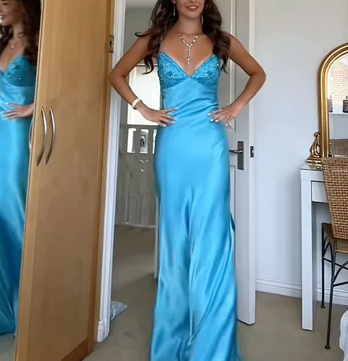 Blue V Neck Backless Sheath Long Party Dress Wedding Guest Dress, DP3174